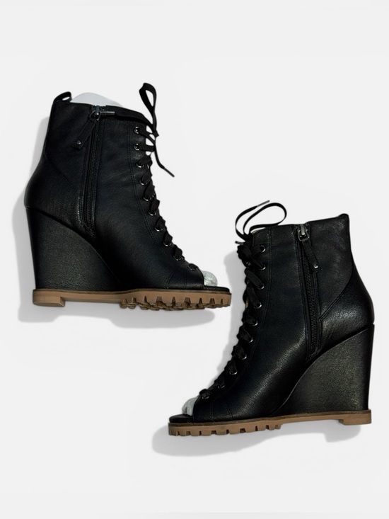 Paolo Shoes - Linea Paolo SASHA | Women's High Wedge Peep Toe Transitional Bootie Black Sz. 8M